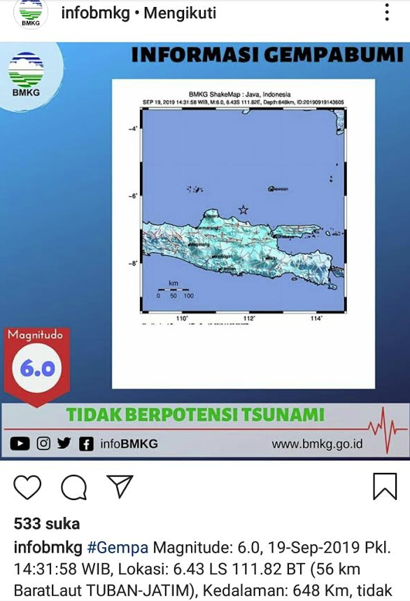 Gempa 6,0 Magnitudo Guncang Tuban Terasa Hingga Denpasar