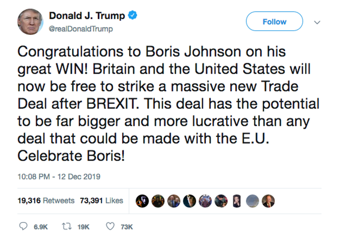 Trump Ucapkan Selamat Kepada Boris Johnson Atas Kemenangannya di Pemilu