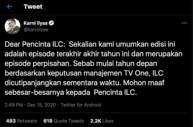 Umumkan Tema Akhir Tahun, Karni Ilyas Bilang ILC Juga Tidak Tayang Lagi